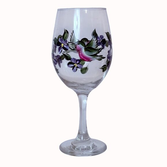 Hand Painted Hummingbird Wine Glass Artistic Purple Violets Stemware Bird Gift - Picture 2 of 14